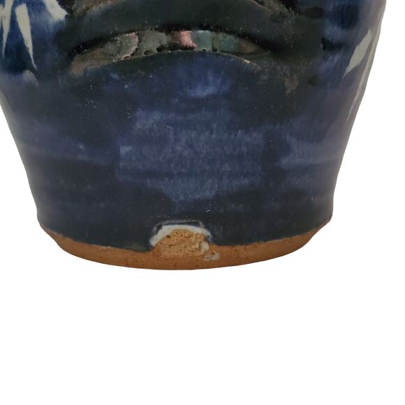 Blue White Stoneware Pitcher Pottery Jug Handmade Signed Bamboo Ewer 8" - Picture 8 of 9